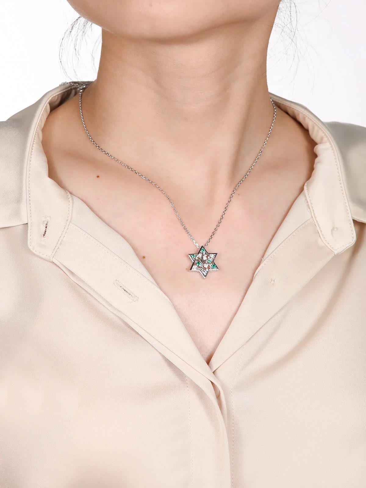TYYL Hexagram Emerald Moissanite Tree Pendant Star of David Israel Jewish Necklace Jewelry for Men Women S925 Pure Silver Chain