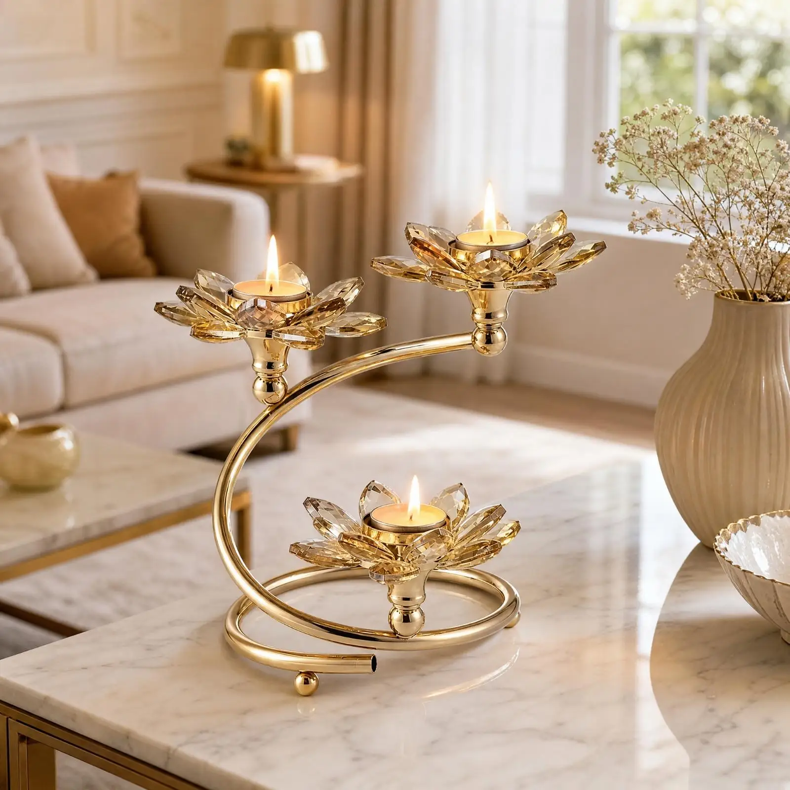 Compact Candle Holder for Tabletop Use with Three Secure Cups and Crystal Embellishments for Living Room Shelf