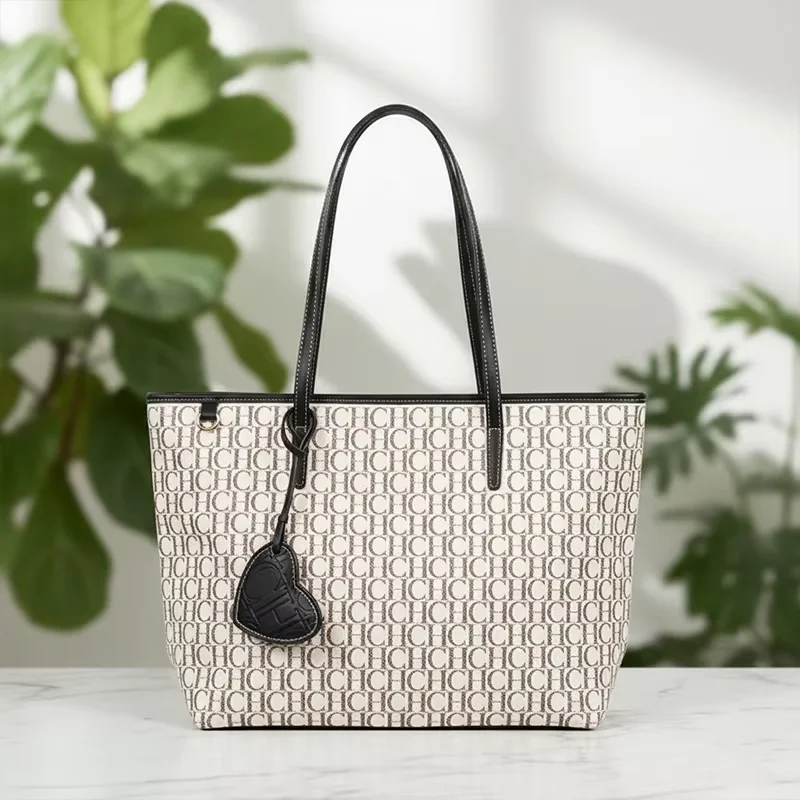 CH Women High Capacity Monogram Print Tote Bag Heart Charm Contrast Trim Zipper Closure Business Vacation Shopping Commute