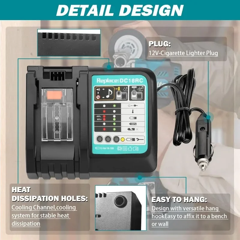 DC18RC 3A Car Charger Fast Charger Suitable for Makita 18V 14.4V BL1860B, BL1850B, BL1840, BL1830, BL1820 Cigarette Lighter Plug