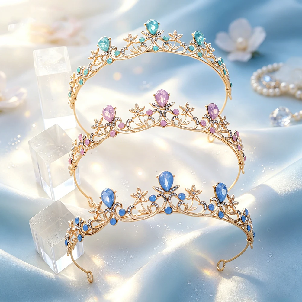 1pc Luxury Flower Water Drop Rhinestone Tiara Crown Tone Floral Crystal Princess Bridal Wedding Hair Accessories Birthday Party