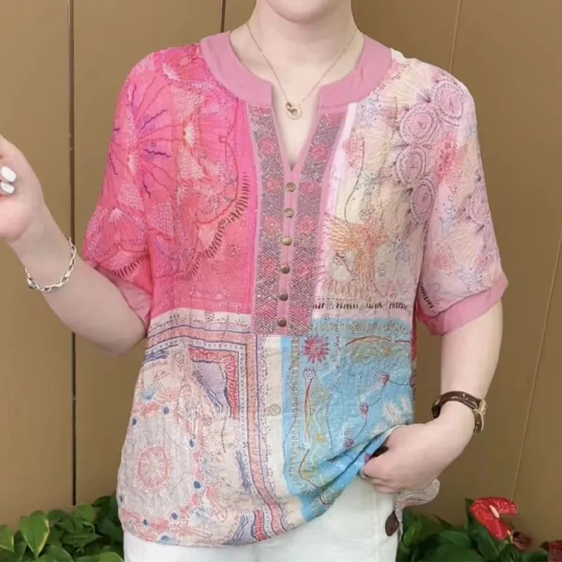 Fashion Elegant Contrast Color V-Neck Blouse for Female 2023 Summer Loose All-match Patchwork Half Sleeve Shirt Women's Clothing