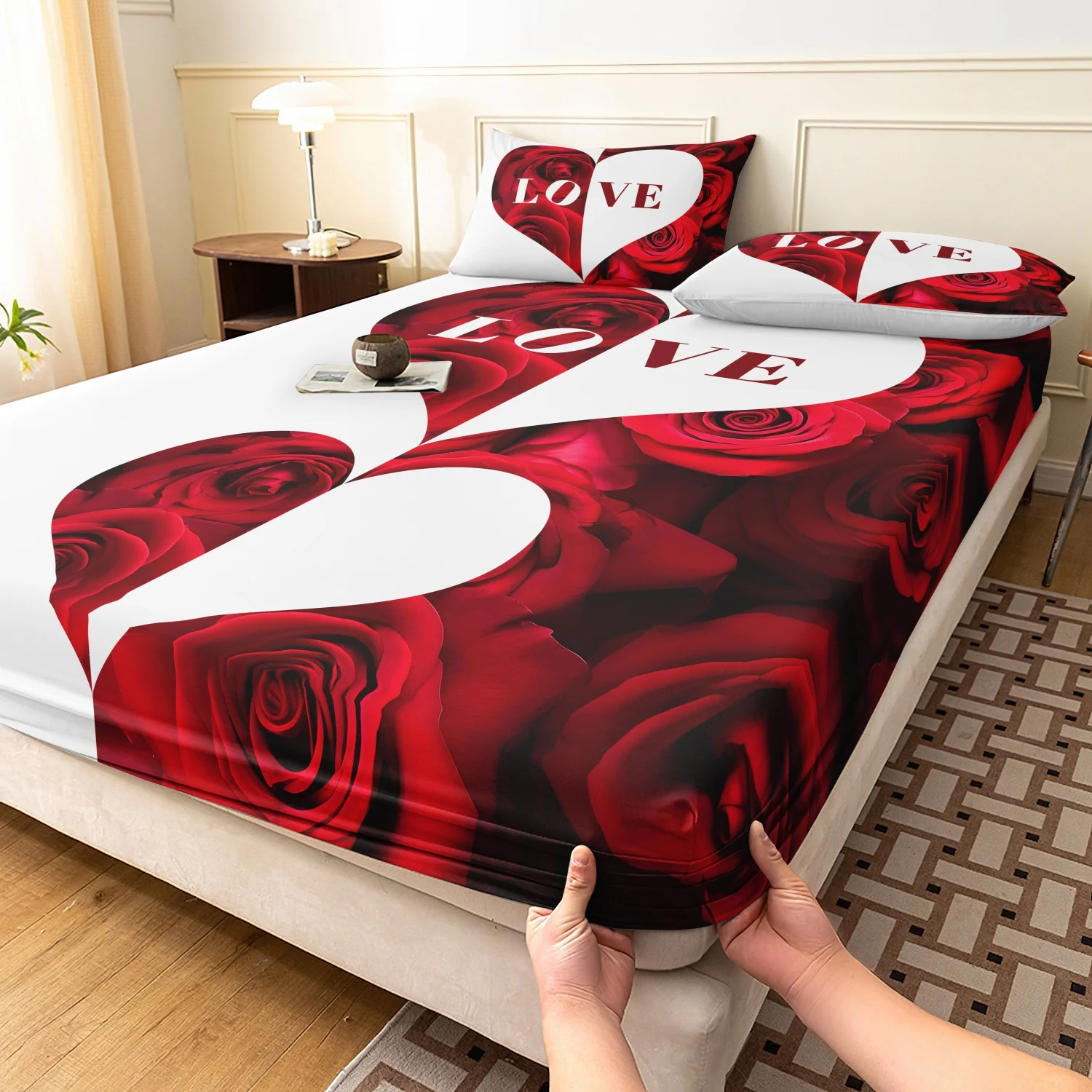 Red Rose Heart LOVE Letter Print 3Pcs Fitted Sheet Set, Romantic Red Floral Heart Shape Print Bedding, Multiple Sizes Available