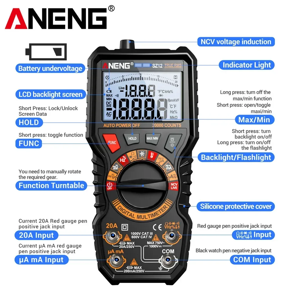 AC/DC NCV Voltage Induction Tester 20A Meter Hz Ohmmer Neutral/Hot Wire Detect Tools ANENG SZ12 Multimeter 20mF Capacitor Test