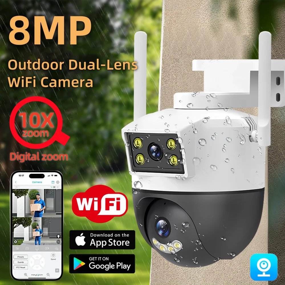 camera de vigilancia wi fi com lente dupla 8mp 4k hd zoom 10x ptz seguranca domestica cctv audio bidirecional ai rastreamento humano monitor panoramico ip 01