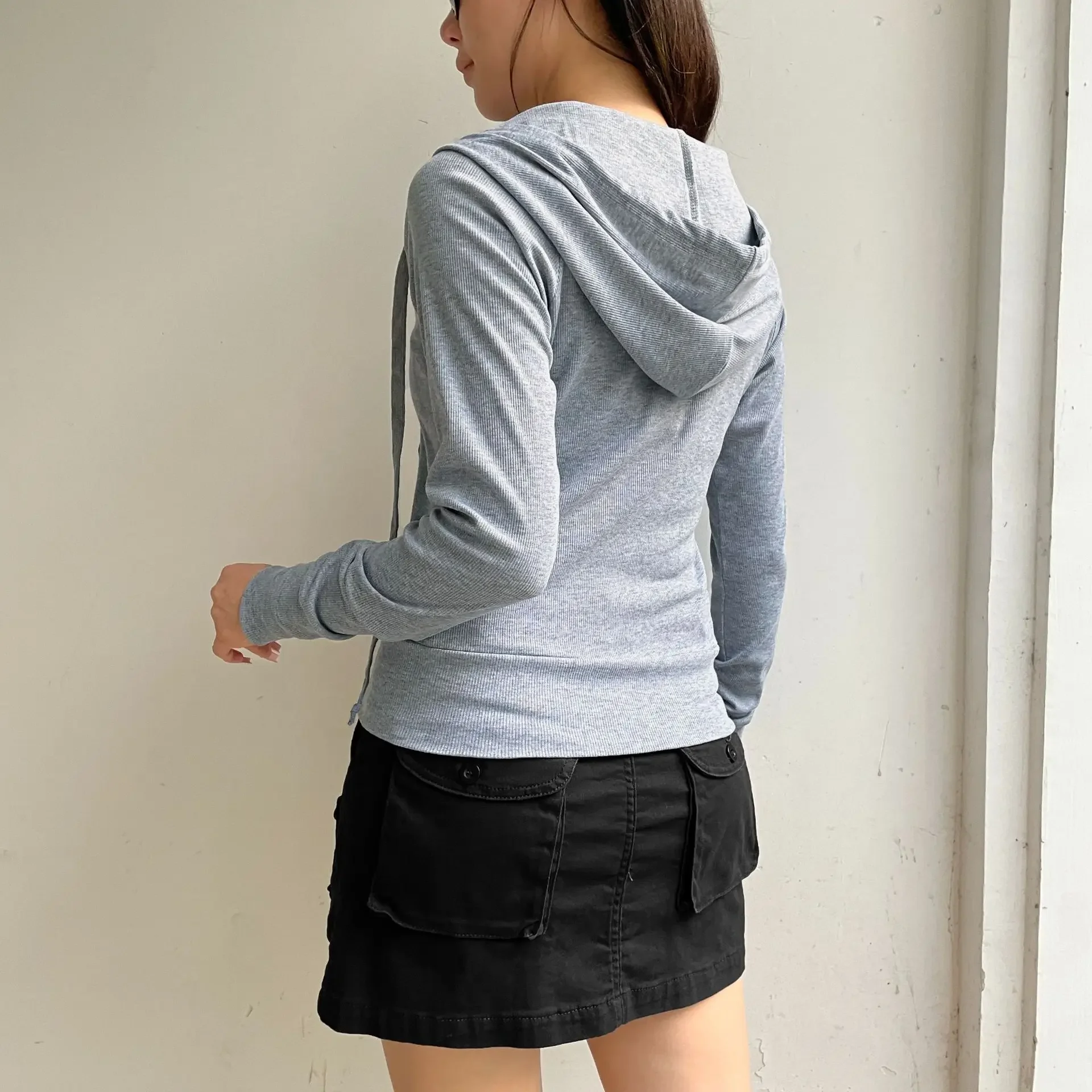 Solid Basic Casual Hooded Women Slim Pockets Hooded Zip-up Y2K Long Sleeve Tops 2025 Spring Fashion Korean Style Popular Clothes