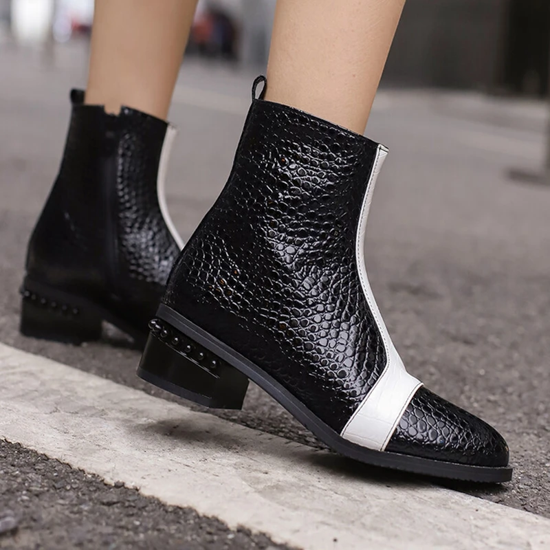 ASILETO Women Casual Pointed Toe Short Ankle Boots 4.5cm Thick Square Heels Leather Big Size US17 45 48 50 Black Red