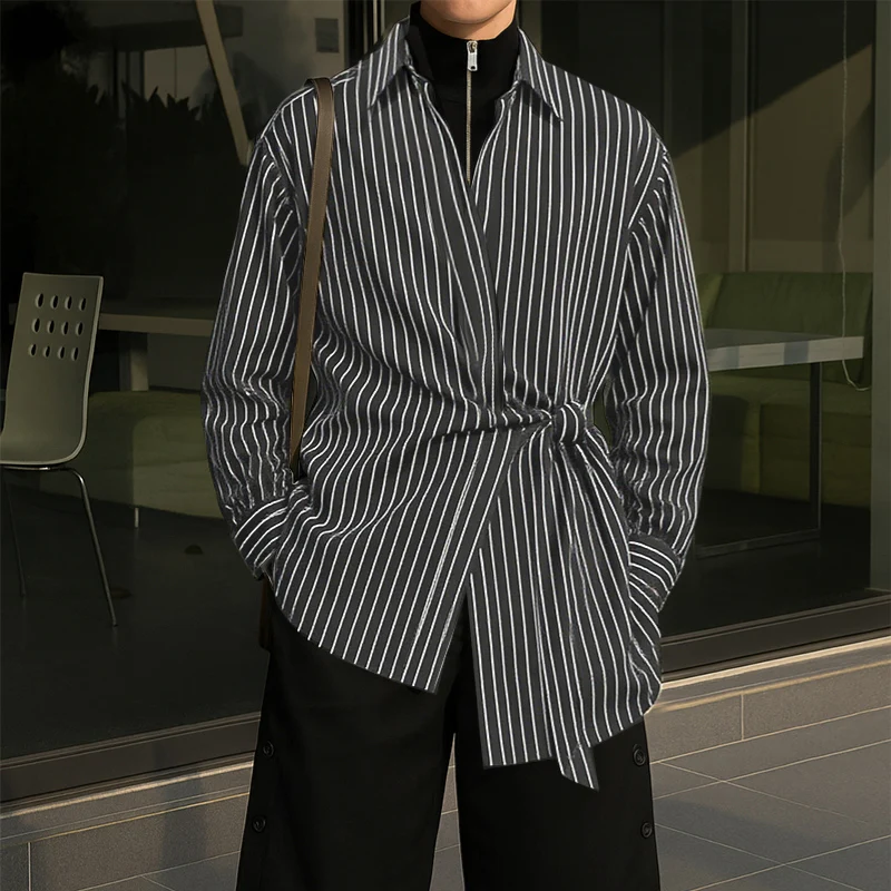 INCERUN قميص مخطط للرجال ذو طية صدر السترة وأكمام طويلة ملابس رجالية غير رسمية ملابس الشارع الكورية قمصان رجالية غير منتظمة عصرية كبيرة الحجم
