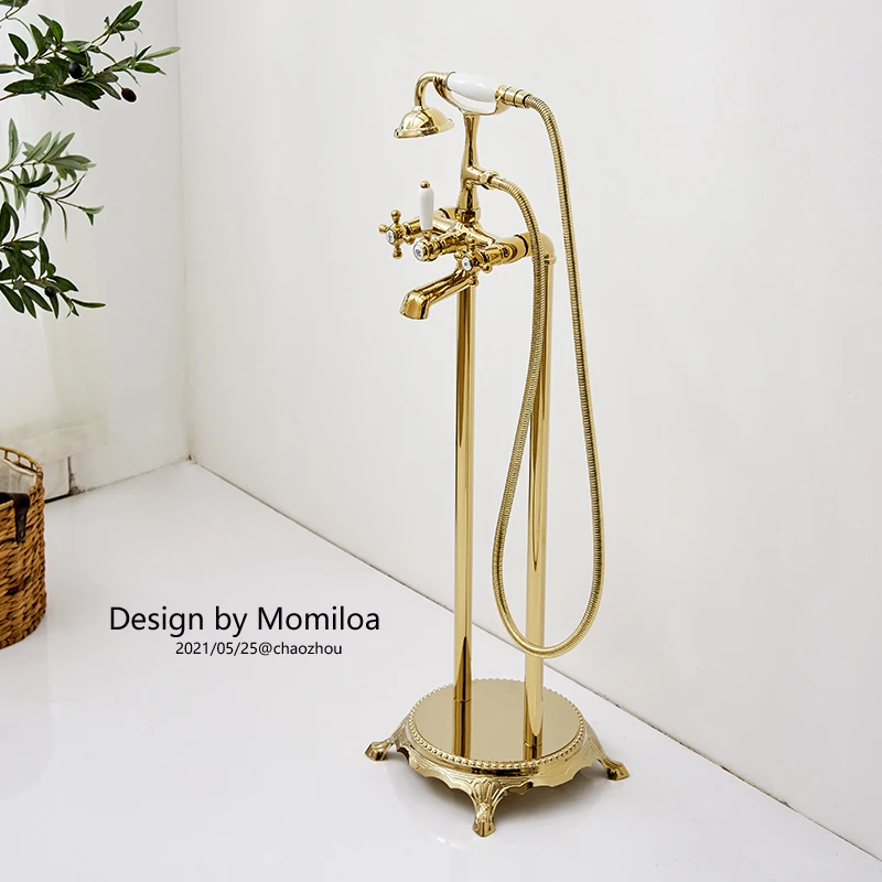 Retro floor standing bathtub faucet, zirconium gold electroplated silver ceramic handle, telephone shower showerhead