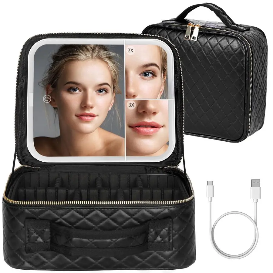 Tas met LED-verlichte spiegel Draagbare make-up organizer Treinkoffer met 2X 3X vergrotingsversterker 3-kleurenverlichting voor precisie, Adju
