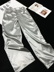 [YOZOU] Luxury Shiny Silver Satin Silk Pants Wide Leg Trousers Women Aesthetic Fluid Bottoms Streetwear Slacks Rave Outfits