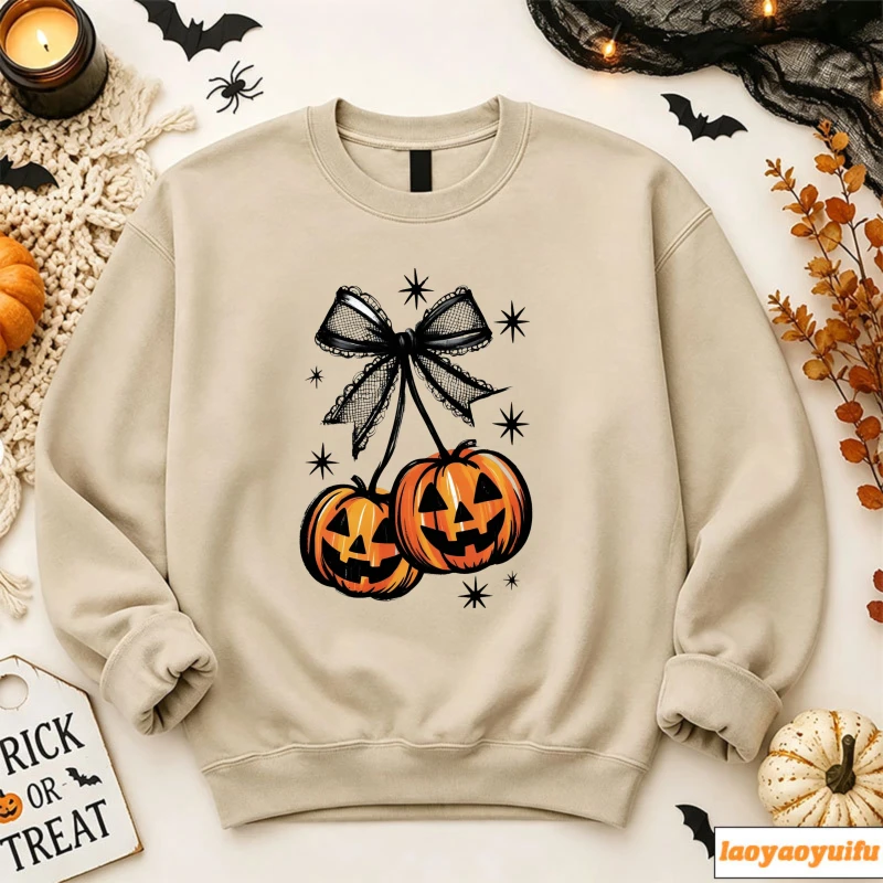 Cute Cherry‑Style Pumpkin Black Lace Bow Star Print Pullover Halloween Casual Loose Streetwear Fashion Holiday Party Sweatshirts