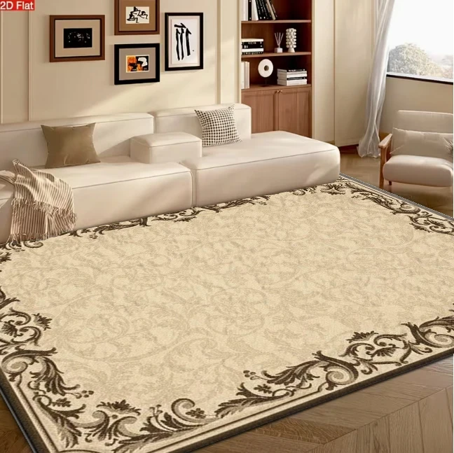European Classic Border Square Rug Vintage Ornate Frame Non-Slip Floor Mat for Living Room Entryway Home Interior Decor