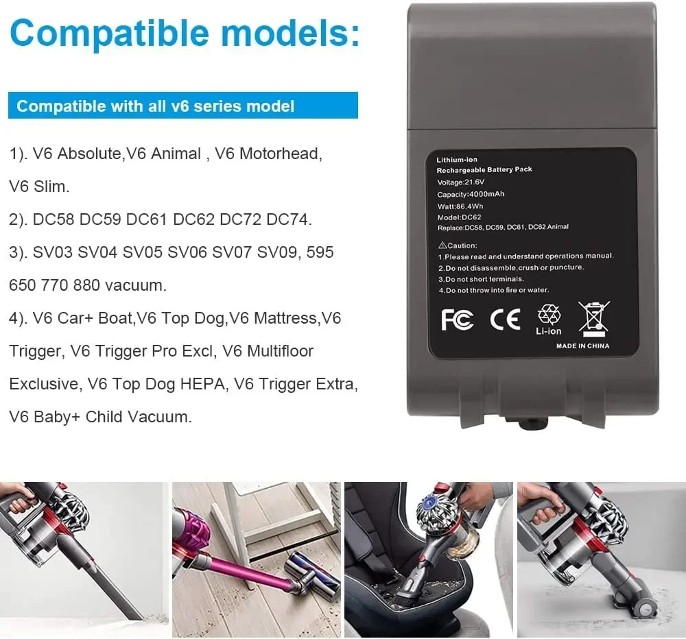 21.6V 6000Mah Lithium Batterij Voor Dyson V6 Dc62 Dc58 Dc59 Sv09 Sv07 Sv03 Sv05 Dc74 965874-02 V6 Pluizige V6 Trigger V6 Dier