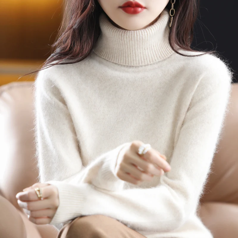 Mink Cashmere Sweater Women\'s Knitted Sweaters Turtleneck Long Sleeve Tops Female Pullover Autumn Winter Clothes Vintage Jumpers