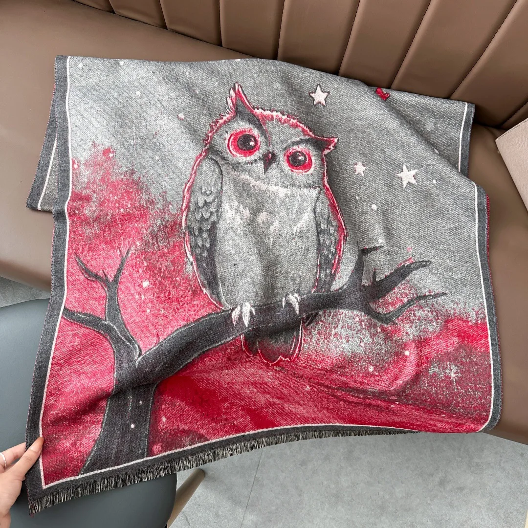 

2025 New Winter Warm Cartoon Owl Oil Painting Scarf Reversible Cashmere Pashmina Shawl Scarves Women Thick Travel Blanket Stole