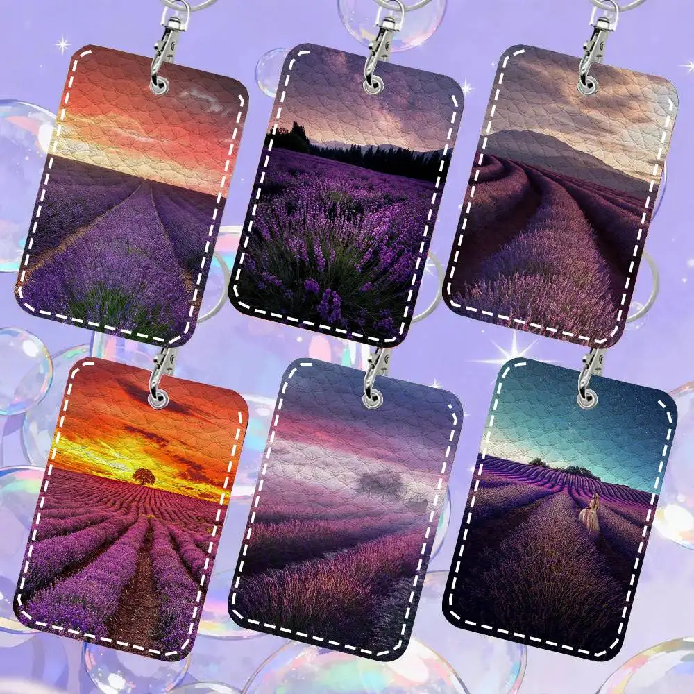 Purple Lavender Sea Card Case Keychain Access Card Bag Key Tag Ring Leather Card Holder Key Ring Access