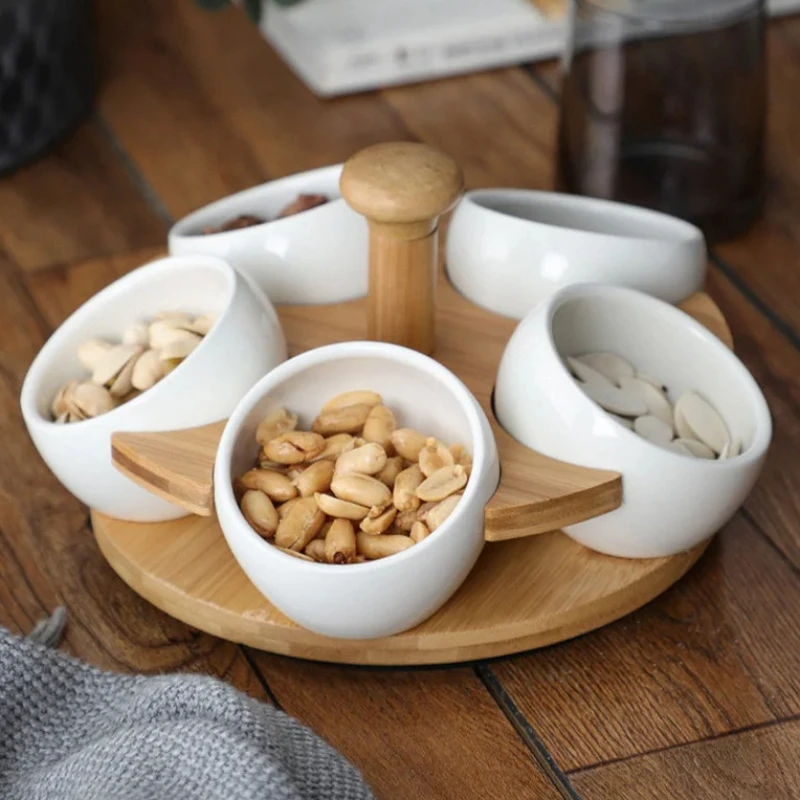 

Ceramic Snack Platter Wooden Stand Rotatable Snack Tray 5 Grids Dried Fruit Plate Fruit Bowl Afternoon Tea Snack Plate Dishes