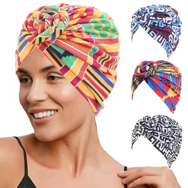 African Print Turban Hat for Women Scrunchies Knot Headwrap Stretch Bandanas Party Headwear Ladies Headscarf Hair Accessories