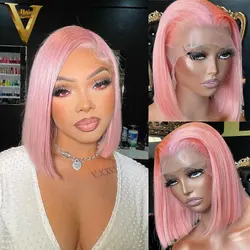 Pre Plucked Straight Short Bob Wigs Pink 13×4 Transparent Lace Frontal Wig For Black Women Brazilian Virgin Remy Human Hair Wig