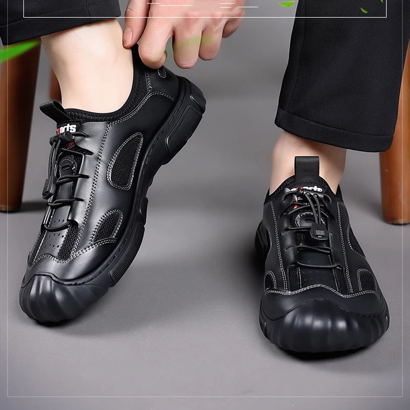 Men Casual Simple Breathable Shoes Low Help Work Casual Leather Shoes Casual Real Leather Shoes Round Toe Male Leisure Sneakers