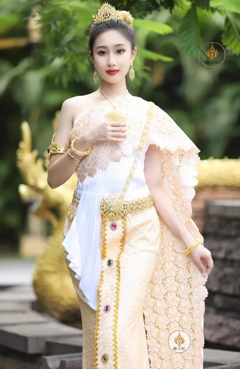 Spring Summer Thailand Outfit for Women Traditional Clothing Tops Blouse Long Skirt Southeast Asian Clothes Thai Dai Dress