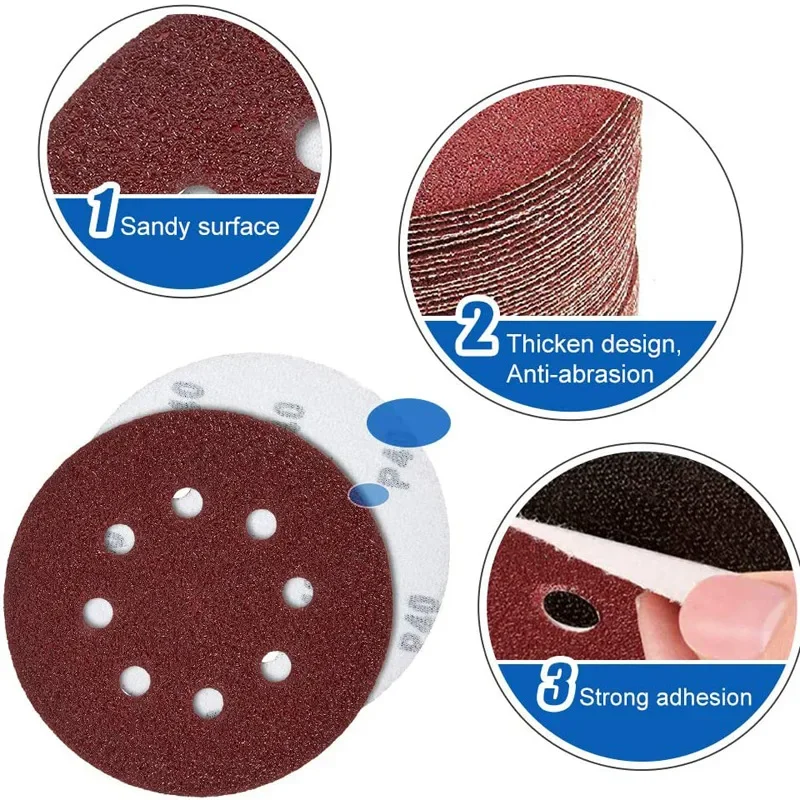 TORGWIN 50PCS 5 inch 125MM Round Sandpaper Disc Sander Disc 40/60/80/120/150 Grit Hook and Loop Sanding Grinding Disc Polish