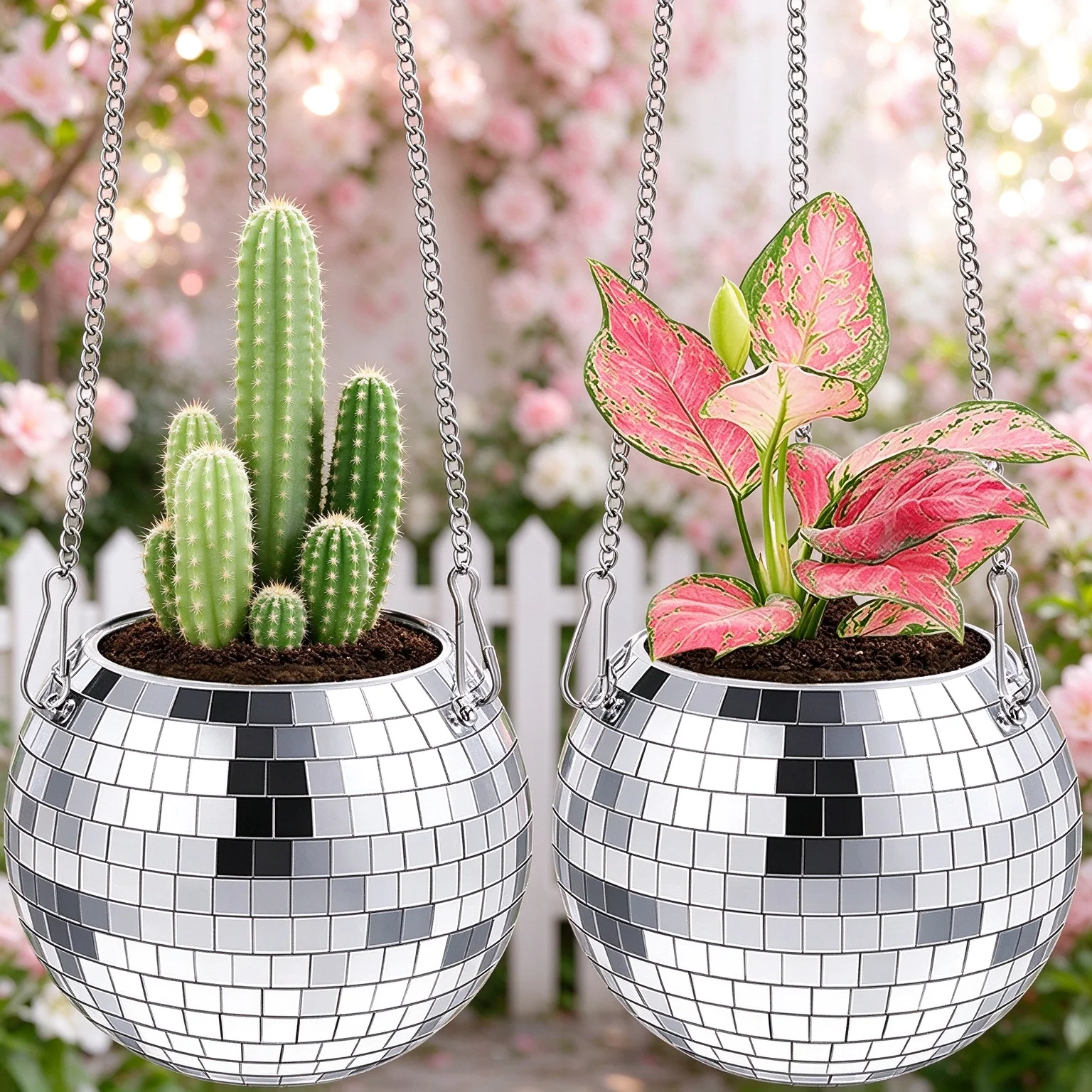 Boho Disco Mirror Ball Hanging Flower Planter Basket Succulent Plant Pot Indoor Home Garden Wall Decor Vase With Wood Ring Chain