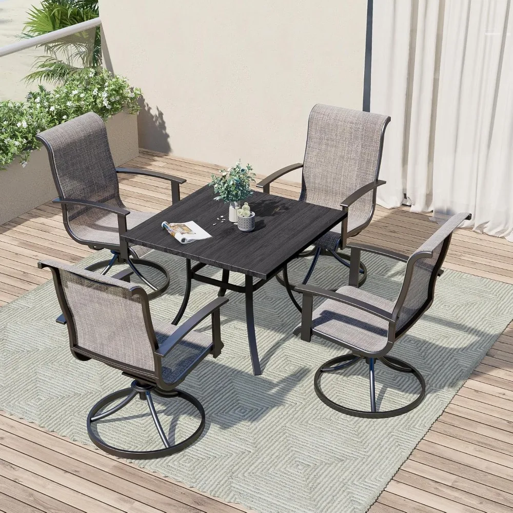 Patio Dining Set for 4, Outdoor Dining Set with 4-Piece Mesh Sling Swivel Patio Rocking Chairs, 1-Piece Square Woodgrain