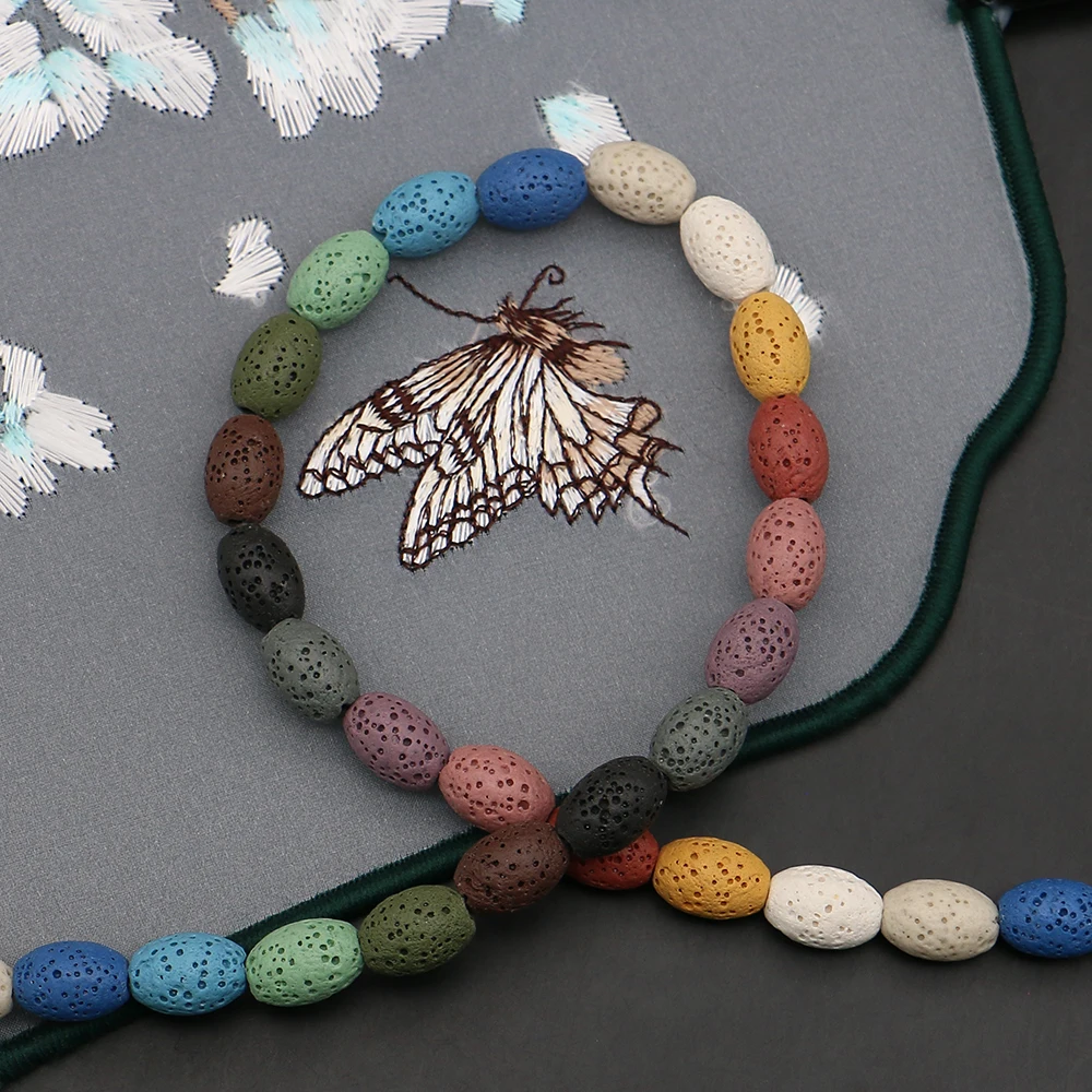 

Polished Colored Semi-Precious Stone Loose Bead Oval-Shaped Dyed Volcanic Rock Straight-Hole Handmade Jewelry Accessory 1 Strand