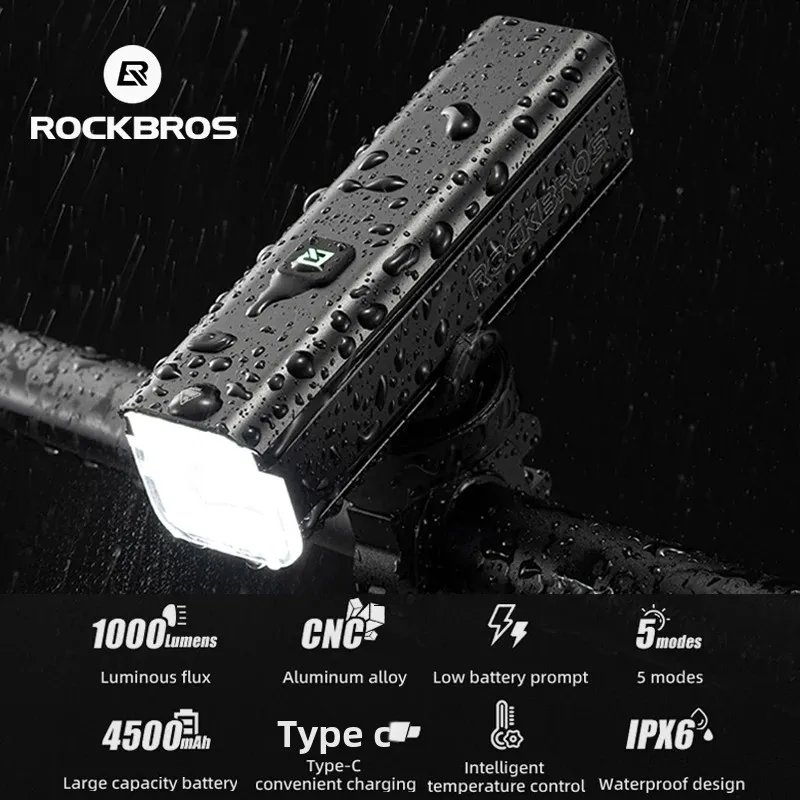 

ROCKBROS 1000LM Bicycle Light MTB Road Headlight Aluminium Alloy IPX6 WaterproofType-C Charging Cycling Flashlight HeadLight