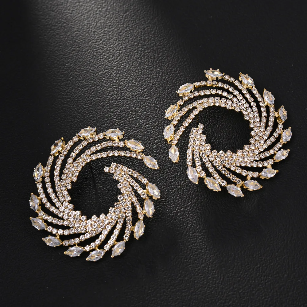 cross-border rhinestone earrings, fashionable personalized vortex-shaped full diamond shiny earrings, versatile accessories ear