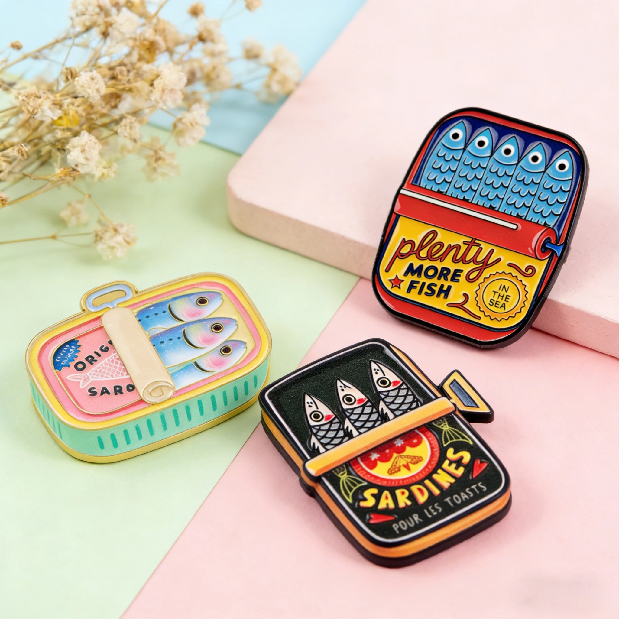Juego de 3 broches de esmalte con diseño de lata de sardinas, broches creativos de dibujos animados de peces, insignia de solapa linda para bolso, joyería de moda para disfraz, regalo para un amigo