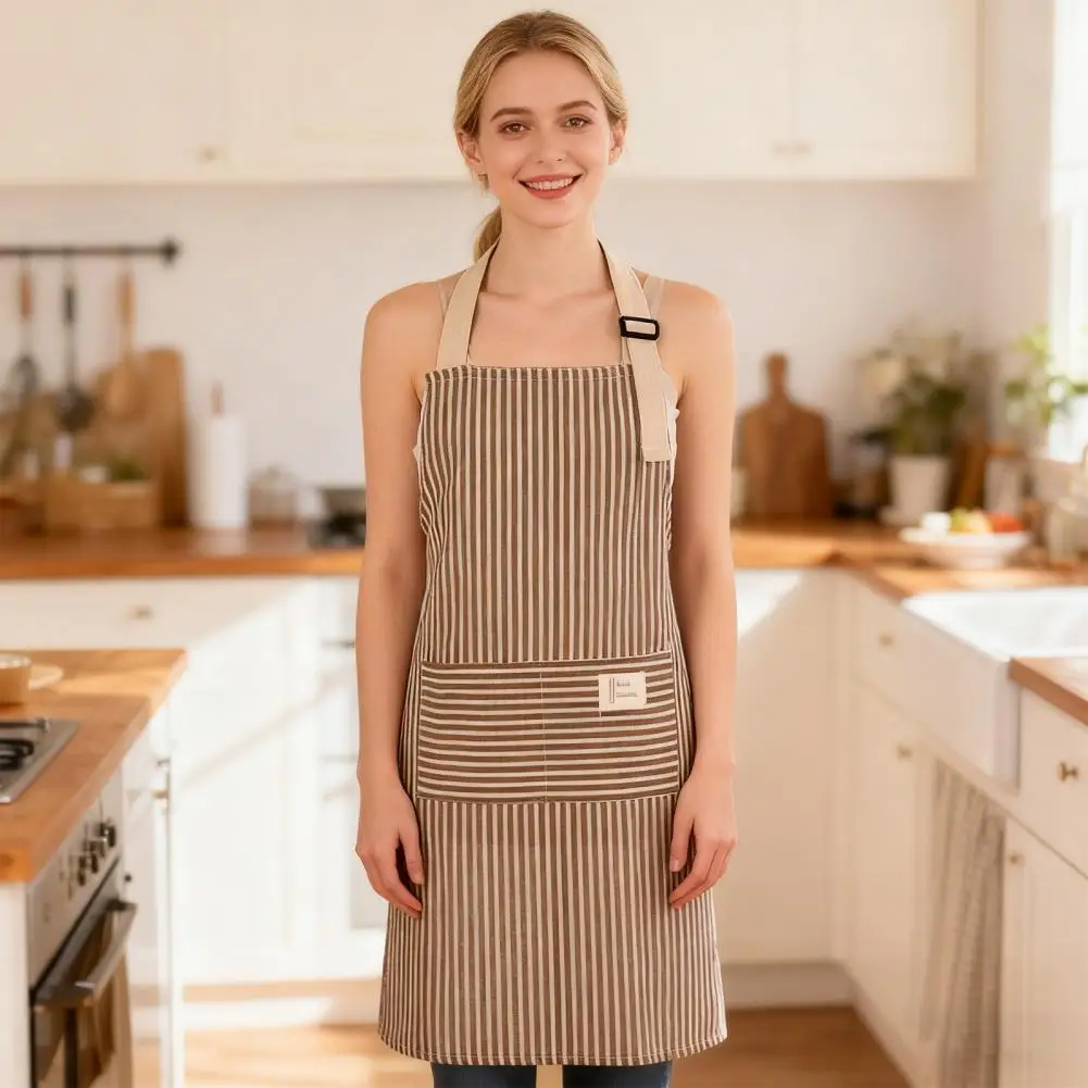 مريلة مطبخ مخططة مع جيوب، مريلة مطبخ مخططة من القطن والكتان مع جيب مقاوم للماء، قابلة للتعديل للرجال #3