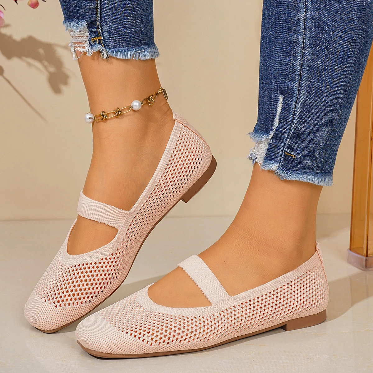 Damen Flache Schuhe Slip-on Faltbare Loafer für Frauen Quadratische Spitze Einzelschuhe Ausgehöhlte Modische Mutter-Freizeitschuhe für Damen – Detail 1