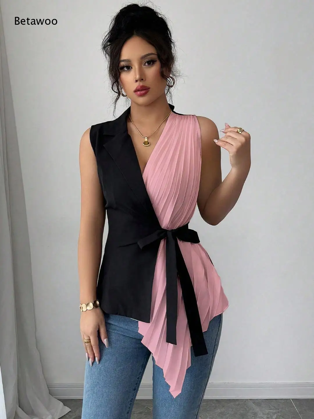 Women Color Block Sleeveless Blazer Vest V Neck Wrap Pleated Asymmetric Hem Self Tie Bow Waist Cinched Fitted Tank Top