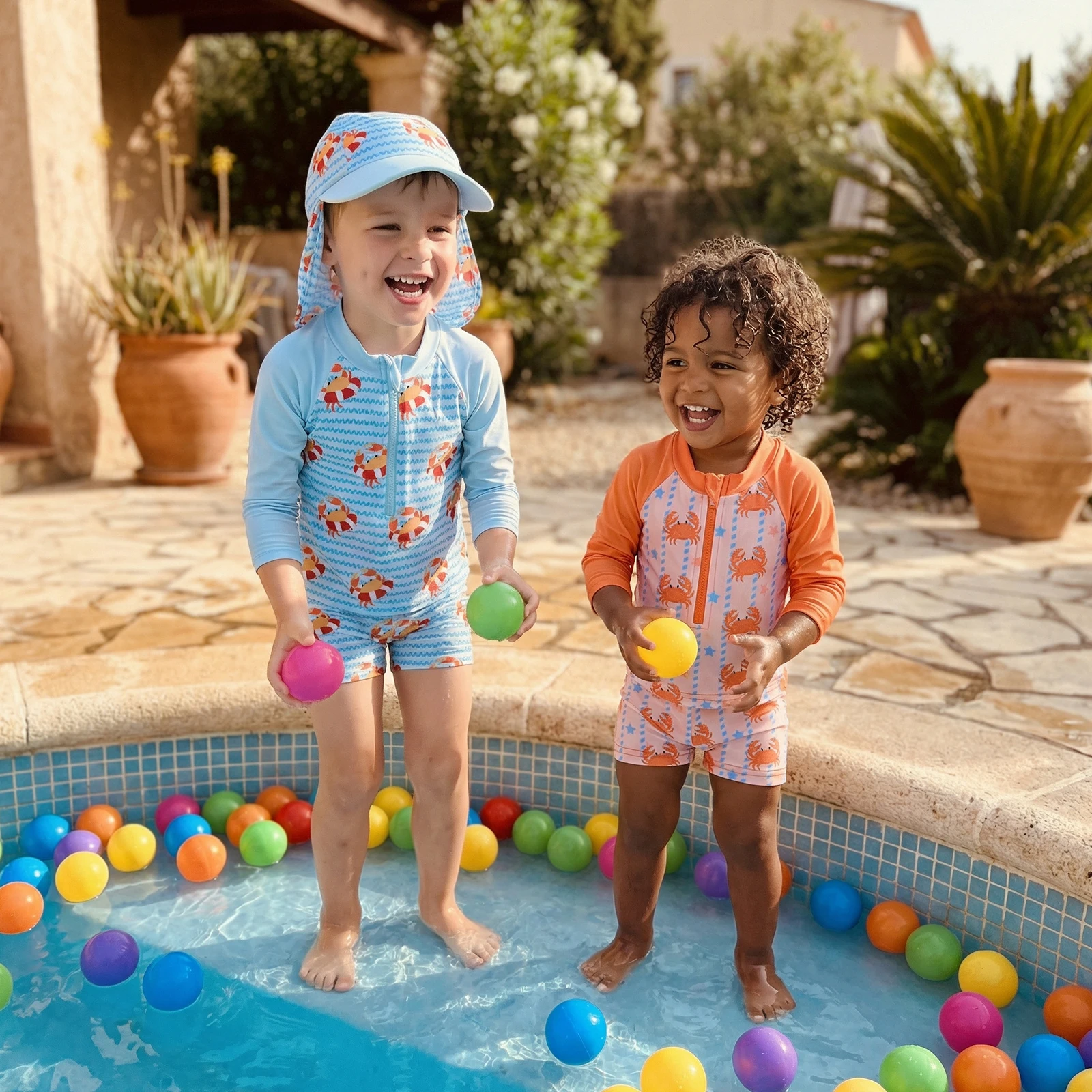 Toddler Boys Rash Guard Swimwear Set, Quick Dry Swimsuit Suit, Crab Print Long Sleeve Tops Swim Trunks Sun Cap Bathing Suit
