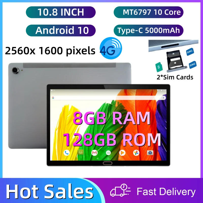 

Планшет Android 10 с экраном 10,8 дюйма, разрешением 2560x1600 пикселей, поддержкой звонков 2G/3G/4G, 8 ГБ ОЗУ, 128 ГБ ПЗУ, процессором MT6797 (10-ядерный), двумя камерами, 1 SIM-картой