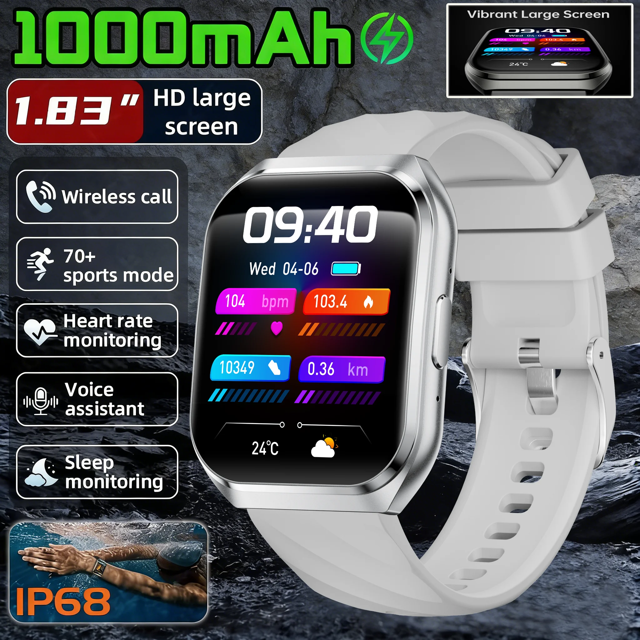 

1000mAh Battery Smart Watch IP68 Waterproof Bluetooth Call 1.83" HD Men Sports Blood Oxygen Smartwatch 2026 New