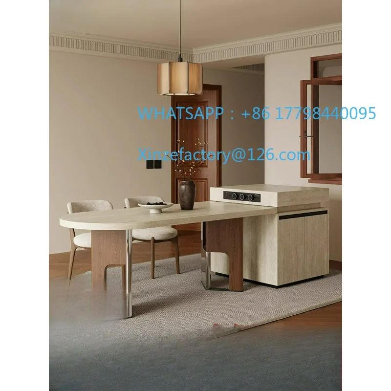 

Customizable Bauhaus travertine rock slab island table solid wood hanging peninsula-shaped oval high-end ash wood medieval table