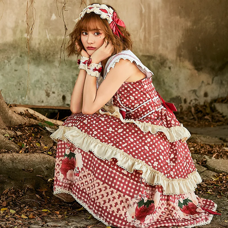

Strawberry Printed Sleeveless Lolita Princess Dresses Girl Sweet Cute Cherry Fringe Cake Dress Halloween Cosplay Costumes