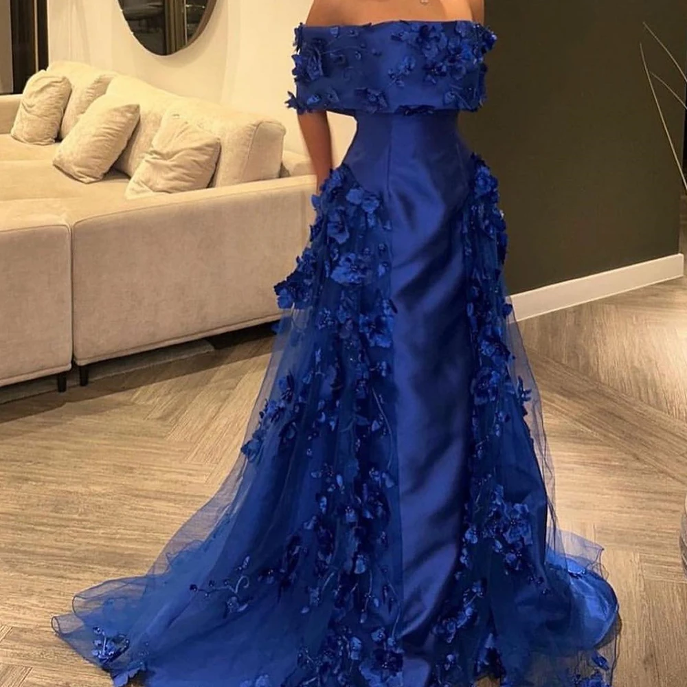 

Classic Celebrity Evening Dress Off the Shoulder A-Line Sweep Train Floor Length Sleeveless 3D-Flowers Satin TulleZipper Back