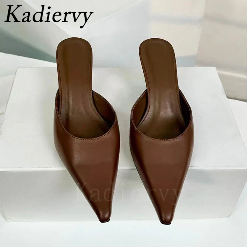 2024 New Kitten Heels Slippers Women Genuine Leather Mules Shoes Woman Pointed Toe Slides High Heels Modern Slippers Woman