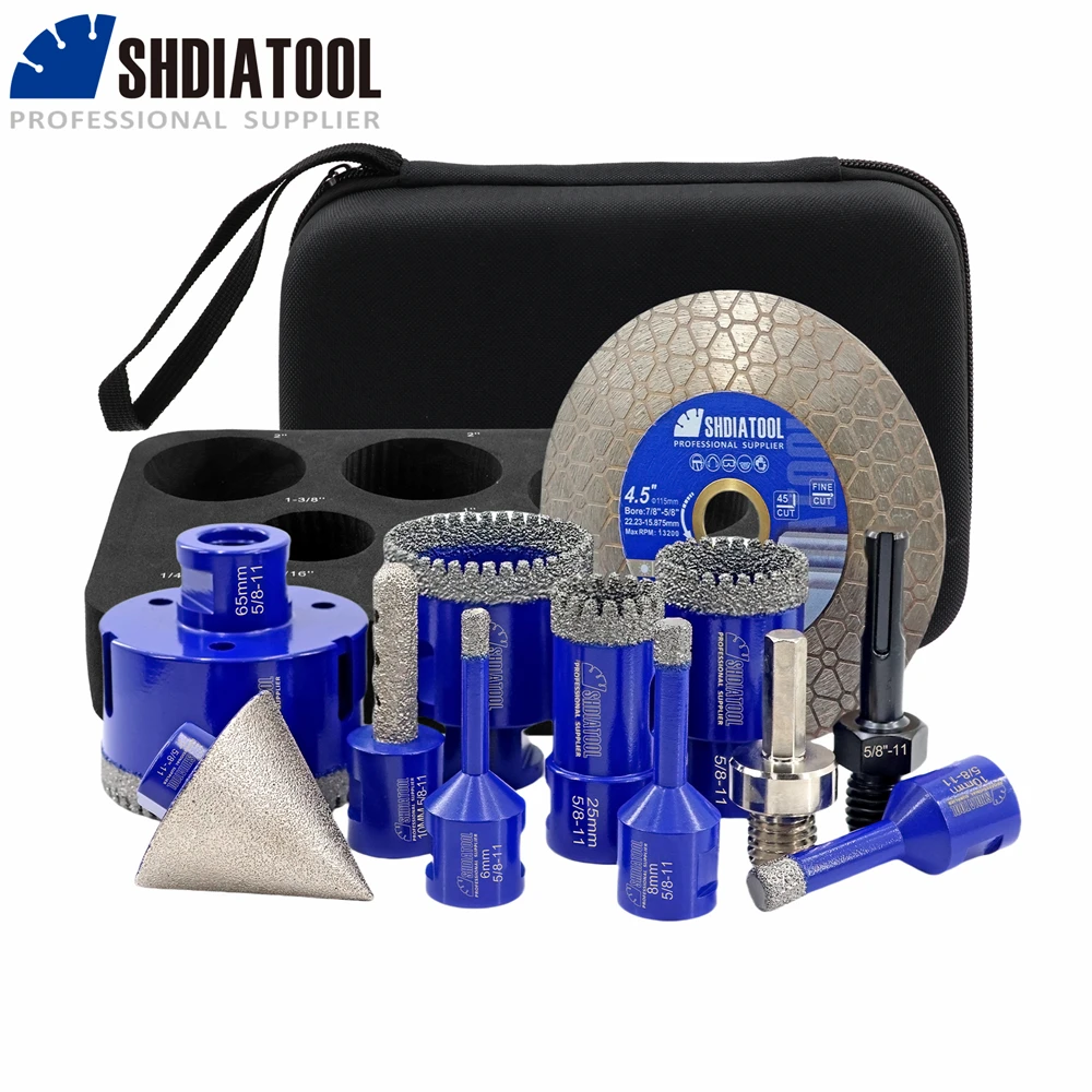 

SHDIATOOL 12Pcs 6-65mm Hole Saw Diamond Drill Bits Set +10mm Milling Bit+50mm Chamfer+115mm Cutting Disc+Hex Adapter Tile Bits