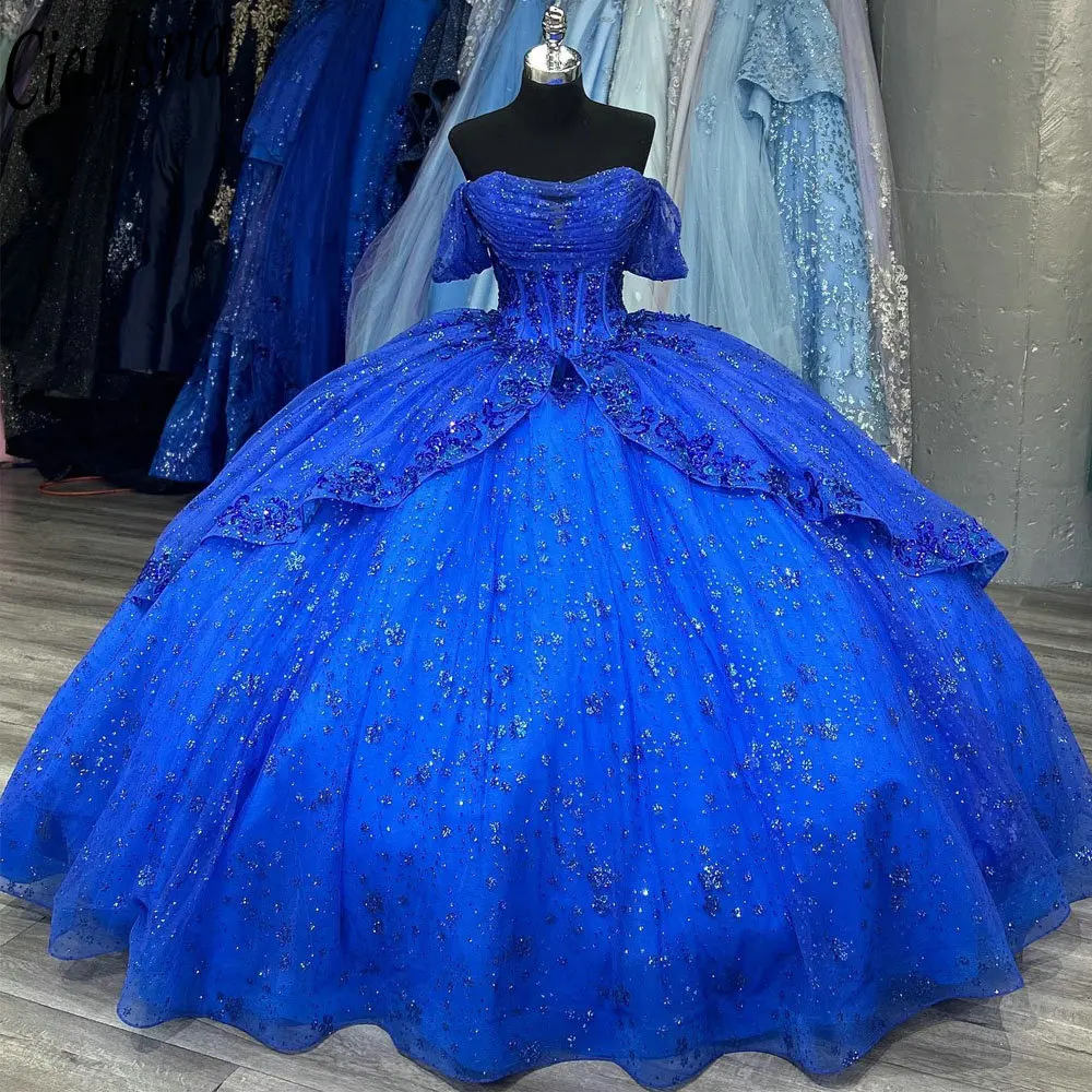 Vestido De quinceañera azul real con lentejuelas brillantes, De encaje vestido De baile De cristal, corsé con volantes y hombros descubiertos, Años XV