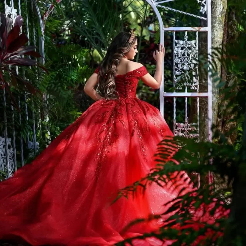 Sparkly Red Quinceanera Vestidos Lantejoula Applique Doce 16 Vestido De Festa De Aniversário Vestido De Baile Lace Up Vestido De Princesas Personalizado