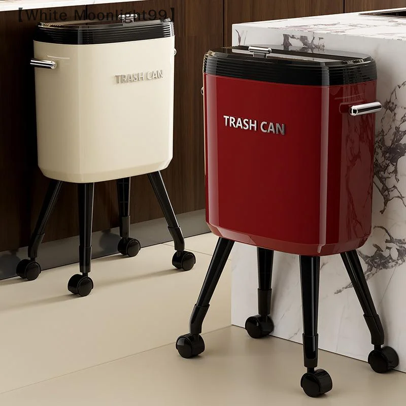 〔White〕No-Bend High-Leg Trash Can With Press-to-Open Lid - Large Capacity Oval Kitchen & Living Room Bin, Durable Plastic