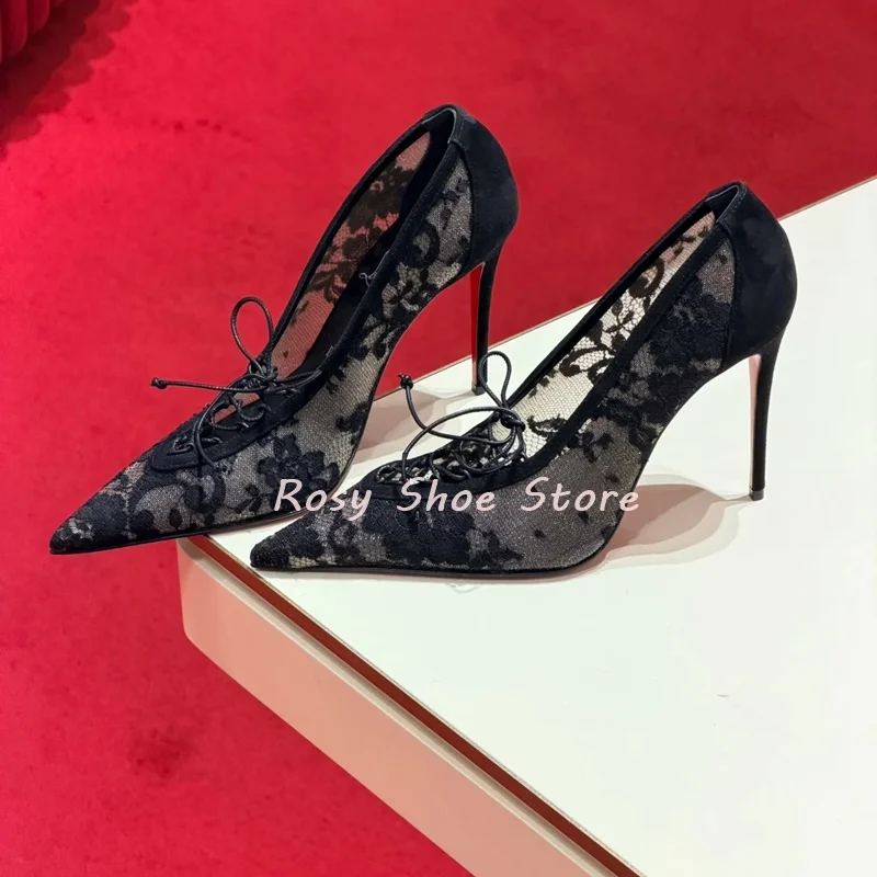 

Сексуальные черные кружевные туфли с ручной вышивкой и цветами, новые туфли-лодочки, летние дышащие туфли-лодочки без шнуровки с острым носком, модные туфли на шпильке со шнуровкой