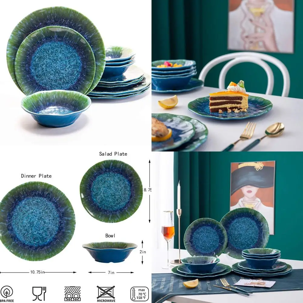 

12-Piece Teal Melamine Dinnerware Set: Turquoise Plates & Bowls, Dishwasher Safe, Not for Microwave or Oven