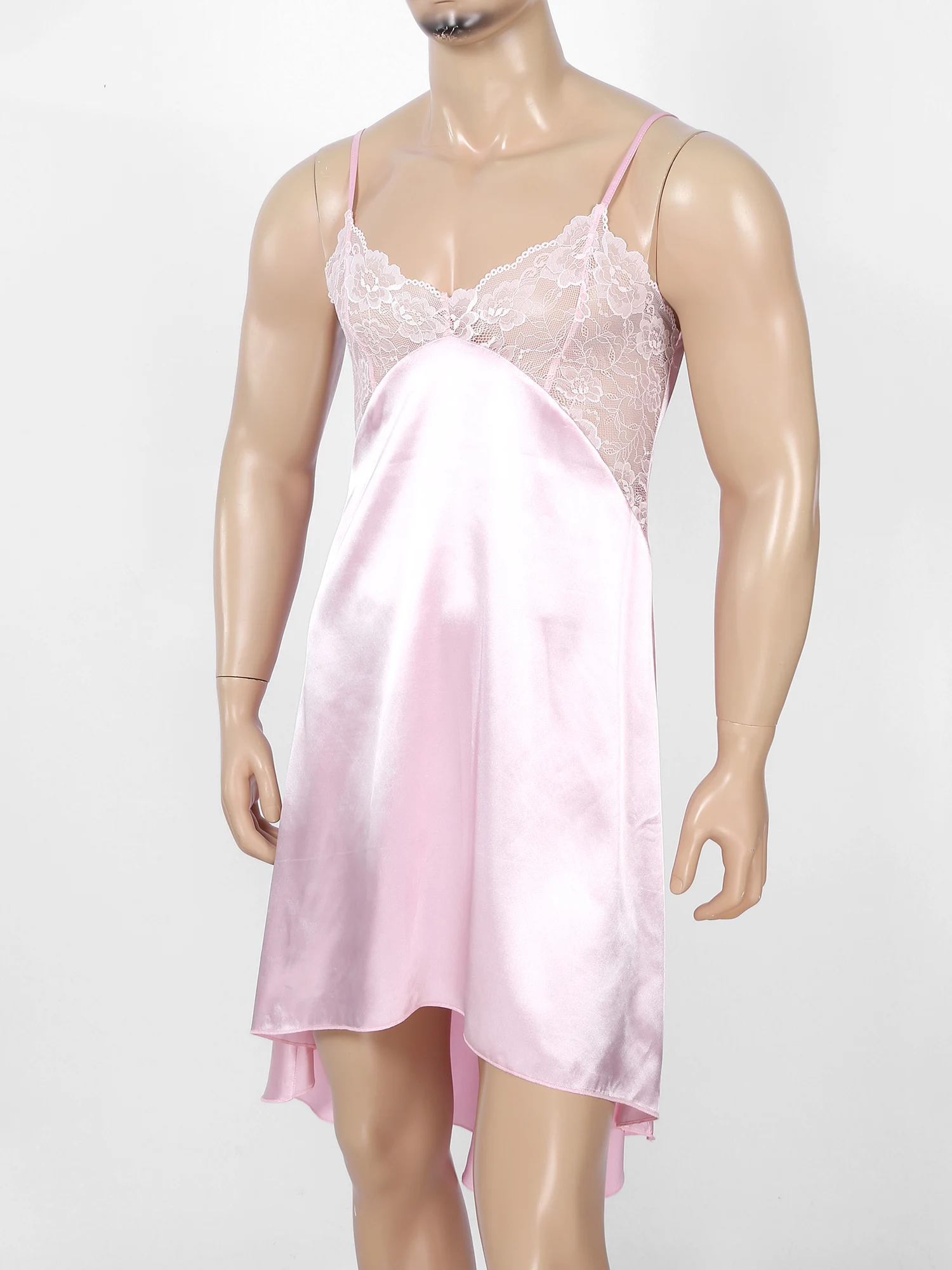 Chemise de nuit en satin patchwork de dentelle pour hommes, vêtements de nuit Sissy, sous-vêtements en élasthanne croisée, lingerie sexy, robe de